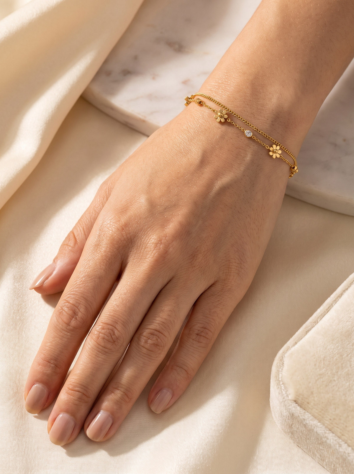 The Fleur Bracelet worn on wrist