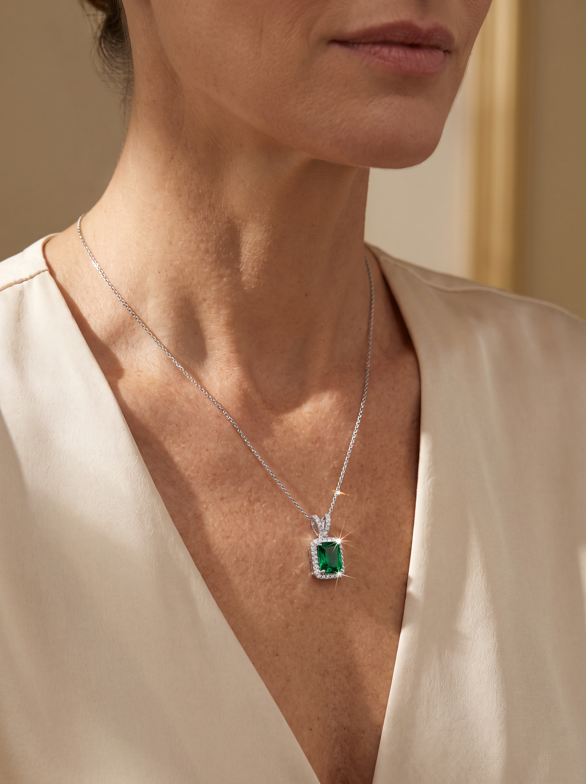 The Verde Pendant worn by model